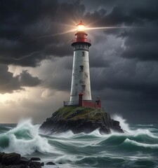 Obraz premium Dramatic Lighthouse Stood Amidst Severe Stormy Weather, wave, powerful