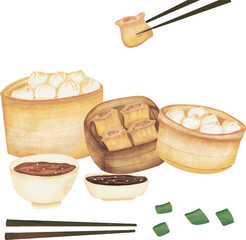 Hand drawn watercolor set of isolated Dim Sum dumplings in bamboo steamer baskets with the chopsticks and the sauces, dumplings, hand drawn of dumplings, Vector illustrations of asian chinese dishes