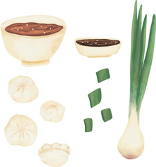 Hand drawn watercolor set of isolated Dim Sum dumplings in bamboo steamer baskets with the chopsticks and the sauces, dumplings, hand drawn of dumplings, Vector illustrations of asian chinese dishes