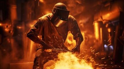Foundry worker pouringmolten metal into mold.capturingintense heat andprecision of metalworkingprocess with glowing liquidmetal contrasting againstdark industrial background