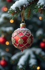 Fototapeta premium Red Christmas ornament covered in snow hangs from snowy fir tree branch. Vintage design with gold accents. Christmas tree lights softly visible in background. Holiday festive winter scene. Perfect