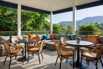 Modern Serene Living Space Featuring Caf�-Style Dining Set and Stylish Shaded Chairs