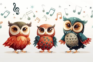 Fototapeta premium Whimsical Cute Cartoon Owls with Music Notes in Colorful Art for Children on White Background