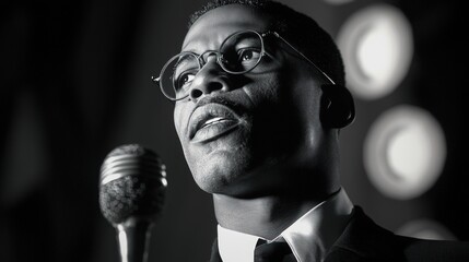 Black and white portrait, man, glasses, microphone, suit.