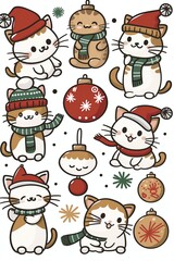 Obraz premium Cheerful Cartoon Cats in Santa Hats and Scarves for Festive Christmas Pattern on White Background