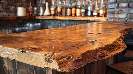 Rustic Live-Edge Wood Bar Top with Blurred Liquor Bottles Background