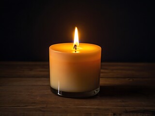 A single lit candle sits on a wooden surface
