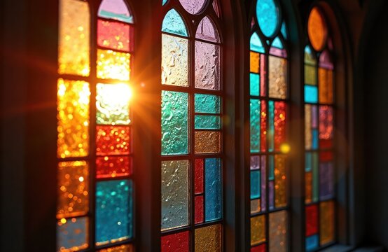 Colorful stained glass window glows with sunlight. Bright sunbeams shine through vibrant glass pieces. Multi-colored shapes create art design. Light creates abstract pattern. Window likely part of