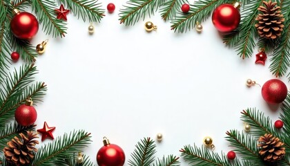 Christmas decoration mockup template for holiday advertisement. Red and gold Christmas balls and pine branches arrange around white background. Clean and modern design layout.