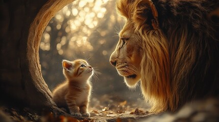 A kitten sees its reflection as a lion representing inner strength and transformation through personal growth