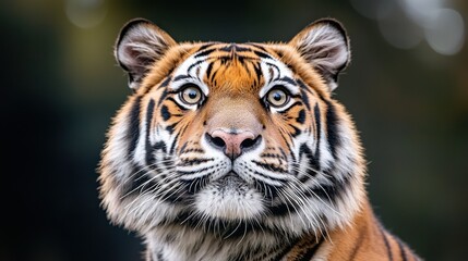 Fototapeta premium The close up head shot showcases the majestic tiger's piercing gaze, showcasing every detail of its powerful yet elegant features against a striking dark background.