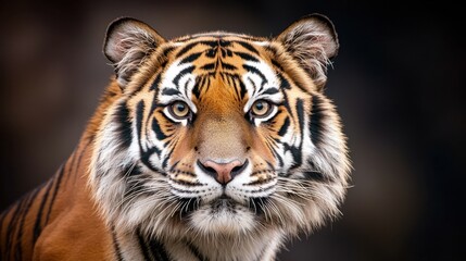 Fototapeta premium The close up head shot showcases the majestic tiger's piercing gaze, showcasing every detail of its powerful yet elegant features against a striking dark background.