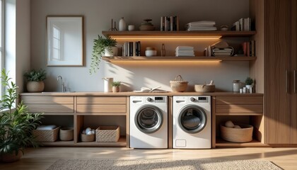 Modern laundry room organized stylishly with washing machine. Wooden cabinets, shelves. Stylish baskets store laundry. Plants add greenery. Natural light fills room. Eco friendly design. Great space