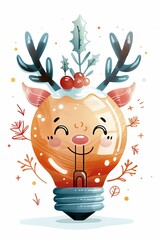 Cute Christmas Light Bulb with Happy Face and Reindeer Antlers on White Background