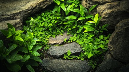 Fototapeta premium Renewal and Growth: Vibrant Lush Garden Blooming Along Stone Pathway