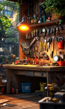 A well-organized workshop with tools and warm lighting.