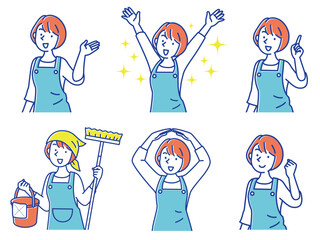 エプロンを付けて働く女性のイラストセット