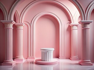 Fototapeta premium Antique columns frame a pastel pink pedestal, ideal for elegant food styling and product presentation.