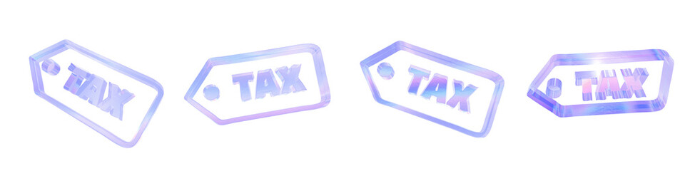 Set of 4 3d glass tax label outline shape with aberration effect isolated on a transparent background. Blue tone. 3d transparent elements for graphic design.