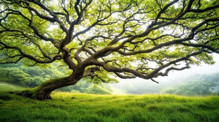 Obraz premium Envision a mystical forest where the ancient trees stand tall and wise, their branches gently swaying in the breeze as they whisper secrets of generations past