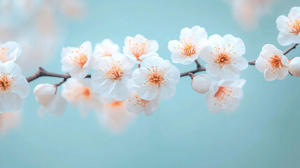 Fototapeta premium A serene close-up of a blossoming cherry blossom branch, perfect for spring-themed designs, wedding invitations, and seasonal decor.
