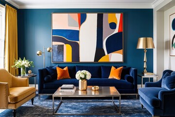 Bright Abstract Living Room Design with a Metallic Coffee Table and Plush Navy Sofa