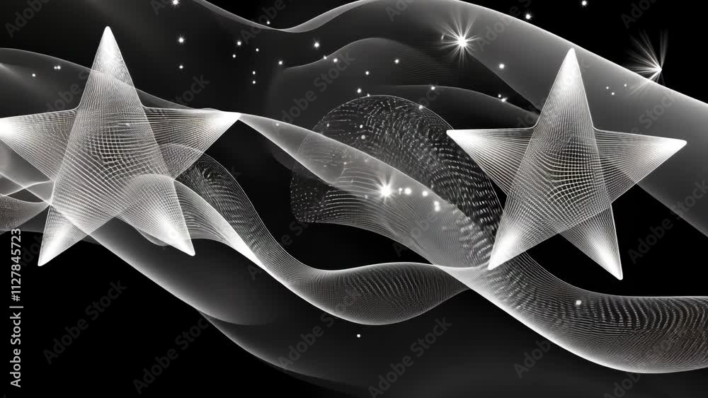 Wall mural dynamic silver stars gliding through a flowing mist of light in a dark atmosphere
