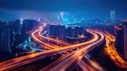 Fototapeta premium Nighttime winding highway through an urban landscape, neon lights and skyscrapers in the distance