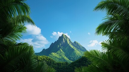 Lush Tropical Landscape with Majestic Mountain Peak Under Blue Sky