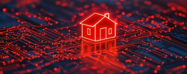 Bright Red House on Circuit Board Background Representing Smart Home