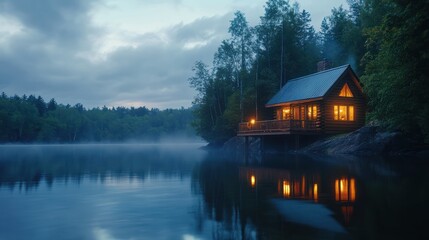 A secluded lakeside cabin for an intimate countdown, glowing candles, cozy interiors, and stunning water reflections