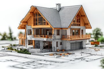 The three-dimensional image of a modern wooden house on a background of drawings. Objects isolated on white background.
