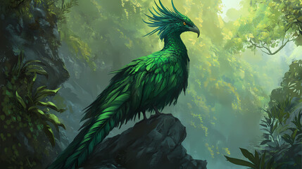 Obraz premium A large, vibrant green bird with a long, curved beak and a piercing gaze stands perched on a rocky ledge, surrounded by lush foliage. Verdigris. Illustration