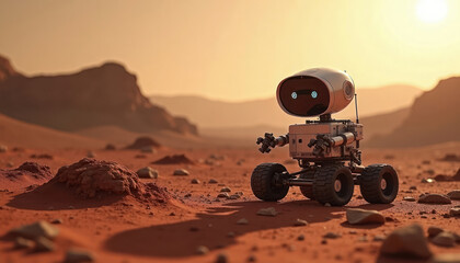 Robot explorer analyzes soil samples on red barren Martian landscape. Scientific instruments, tech-savvy explorer robot seen on reddish rocky planet. Space exploration scene. Image tech focus.