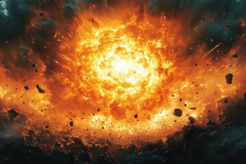 Dynamic Comic Explosion with Flames and Debris in Vibrant Colors and Dramatic Lighting