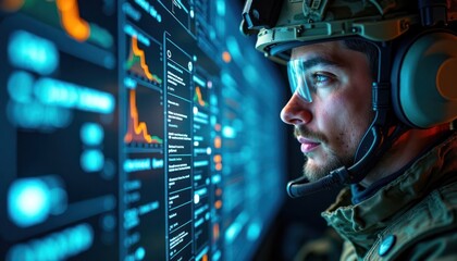 Soldier focuses on tech interface displaying encrypted data transmission. Military tech communicates secure info in futuristic display. Soldier wears advanced headgear, headset for advanced