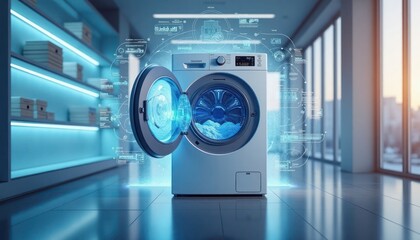 Futuristic washing machine with holographic data visualizations. Modern tech appliance in modern interior. Open door advanced tech inside. Holographic data visualization surrounding appliance.