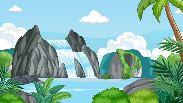 Beautiful animated rocky waterfall nature landscape
