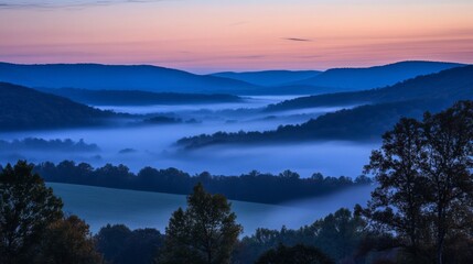 Fototapeta premium Serene Misty Mountains Sunrise Landscape View