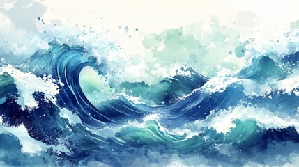 Watercolor Painting of Ocean Waves Crashing