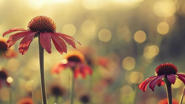 Vibrant red flowers bloom in a sunlit garden during the golden hours of late afternoon