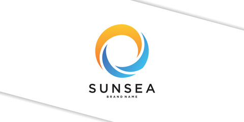 Abstract circular sun and sea waves logo design. Premium Vector