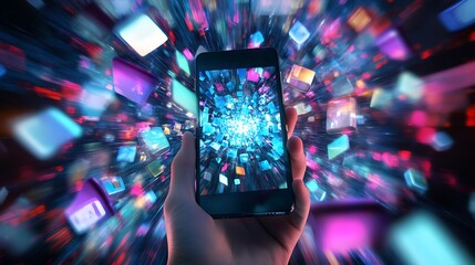 Futuristic Hand holding smart phone with displaying Colorful digital data explosion for Future modern Universe information speed Technology Development Concept.