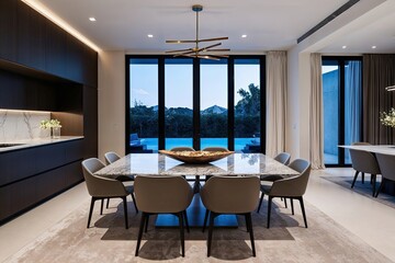 Fototapeta premium Stylish Minimalist Dining Room Design Featuring Quartz Table and Contemporary Seating