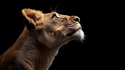 Fototapeta premium A majestic lioness gazes upward, showcasing her strength and grace against a dark background.