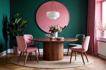 Fototapeta premium Stylish Dining Setup with Round Wooden Table and Designer Chairs in Modern Green and Pink Interior Design