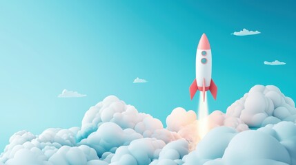 Fototapeta premium Rocket Rocket soaring through the clouds against a blue sky, representing progress, exploration, and the pursuit of goals.