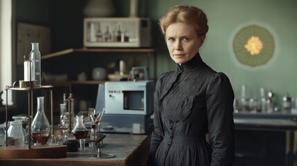 Woman in Victorian dress, lab setting, glassware.
