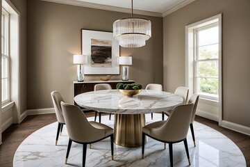 Fototapeta premium Stylish Marble Round Dining Table Surrounded by Elegant Chairs in Modern Room with Soft Taupe Walls