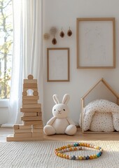 Minimalist Scandinavian Children's Room with Soft Natural Light and Wooden Stacking Toy